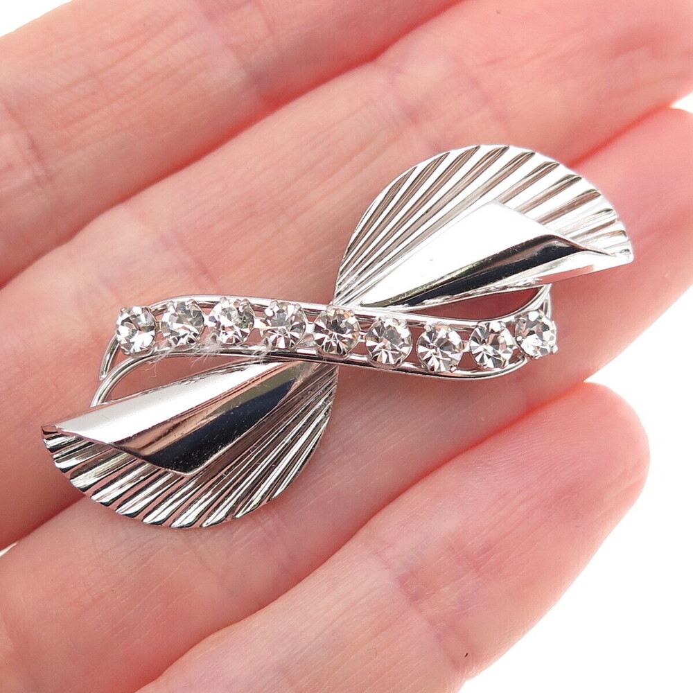 Carl Art 925 Sterling Silver Antique Art Deco Rhinestone Floral Pin Brooch